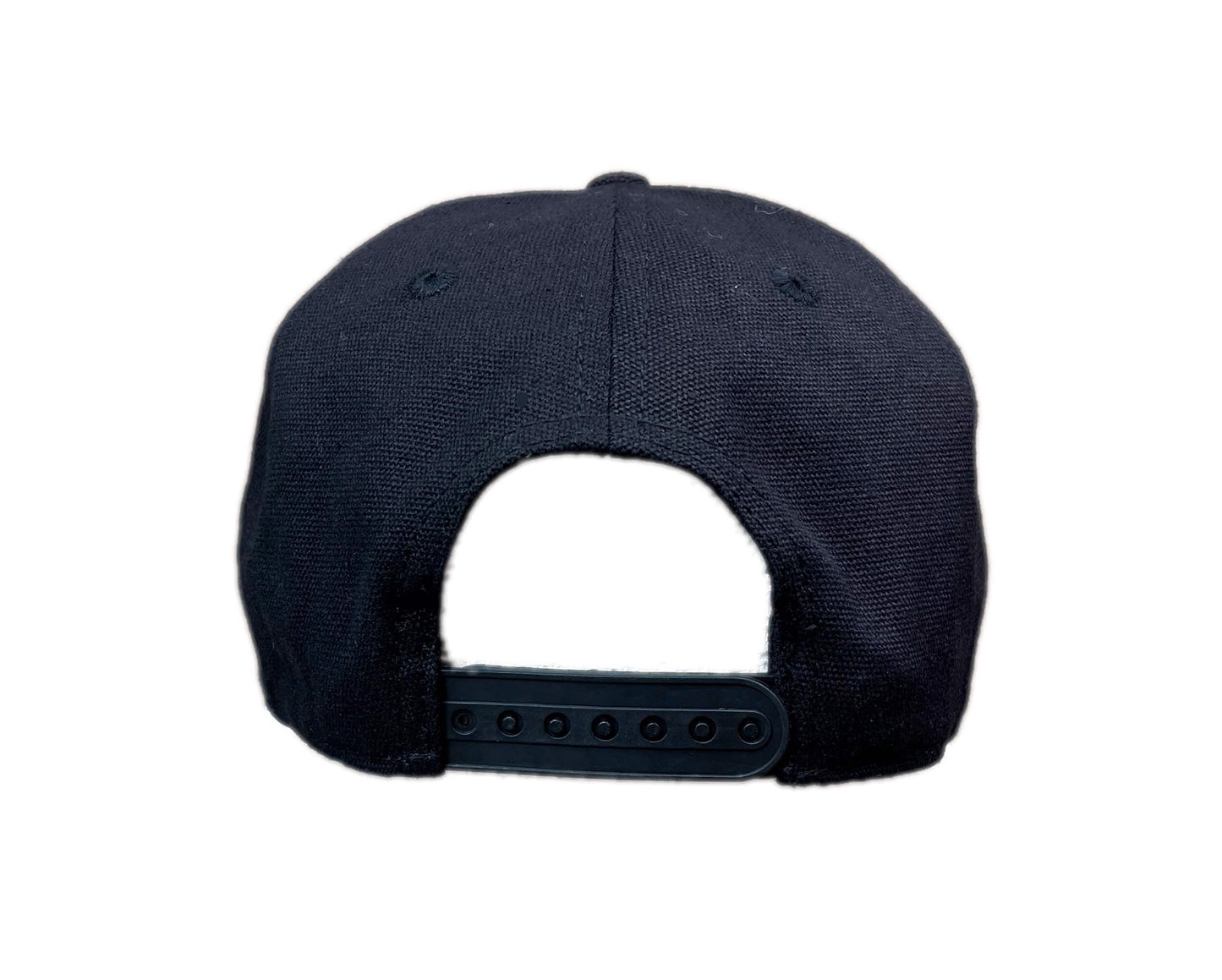Rear view of adjustable black canvas baseball hat with ivory and black woven weathered striped bass patch
