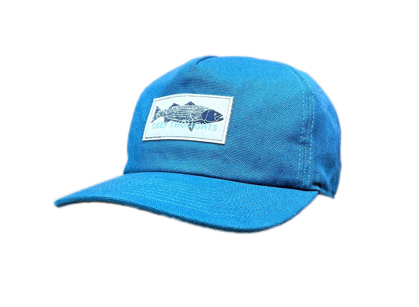 Blue canvas baseball hat with ivory and navy blue woven weathered striped bass patch and Deep Thoughts text