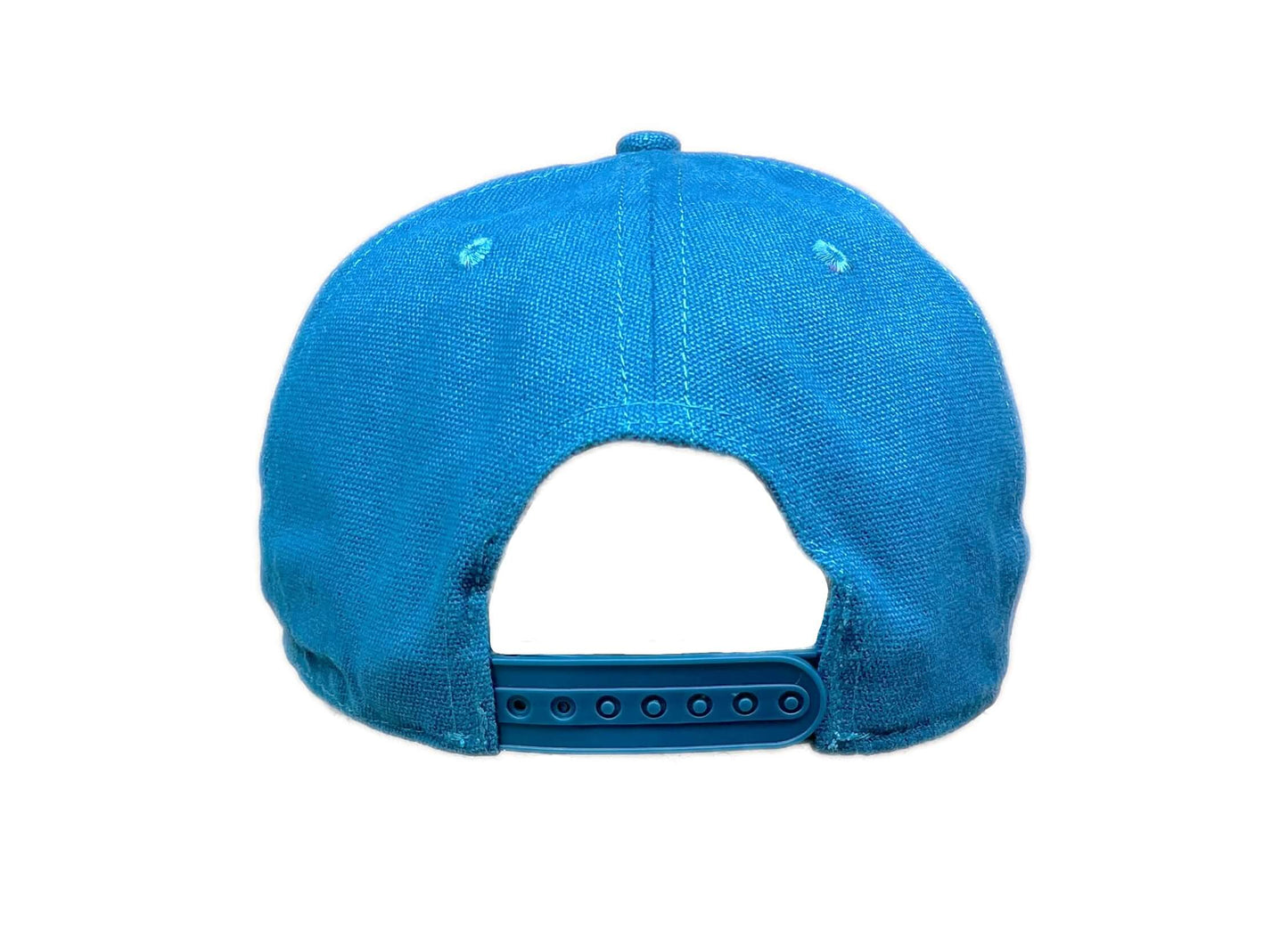 Back view of adjustable blue canvas baseball hat with ivory and black woven weathered striped bass patch