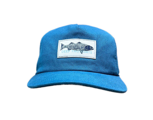 Front view of blue canvas baseball hat with ivory and navy blue woven weathered striped bass patch and Deep Thoughts text