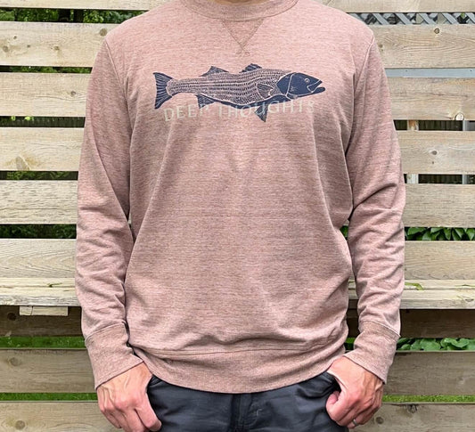 Man wearing soft heather coyote brown crewneck sweatshirt with navy blue striped bass illustration and faded DEEP THOUGHTS text