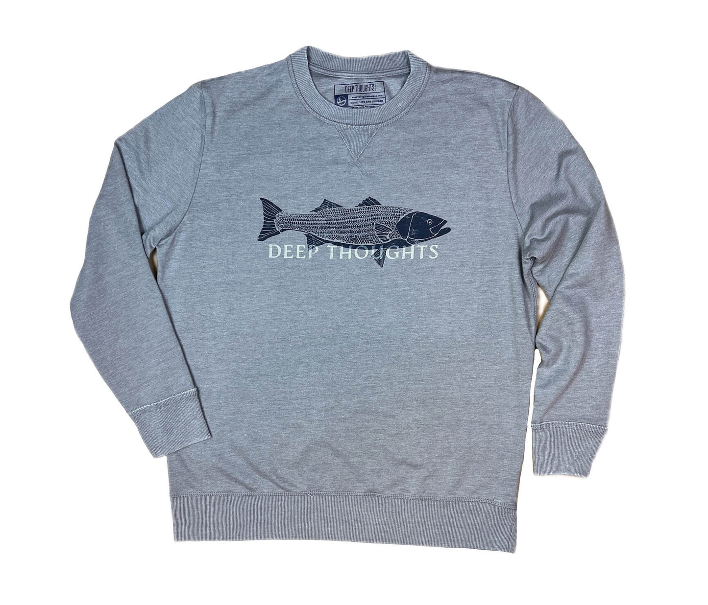 Dark washed heather grey soft crewneck sweatshirt with navy blue striped bass illustration and faded DEEP THOUGHTS text