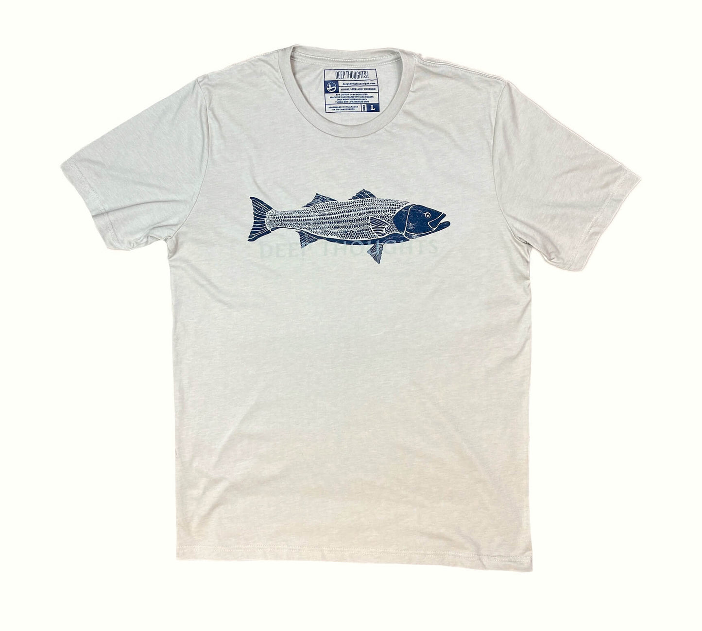 Heather tan t-shirt with navy blue striped bass illustration and faded DEEP THOUGHTS text