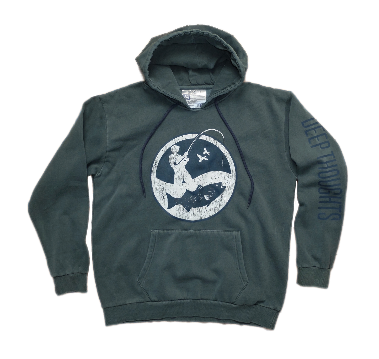 washed blue-green hoodie with round white and navy blue surf fisherman logo