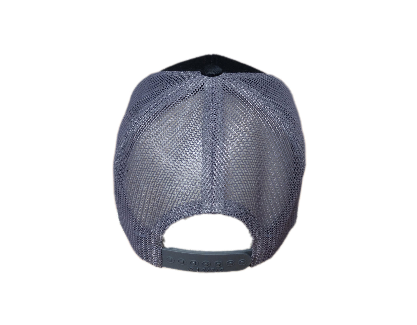 back side view of black and charcoal trucker hat with fish under shaded bars of water patch
