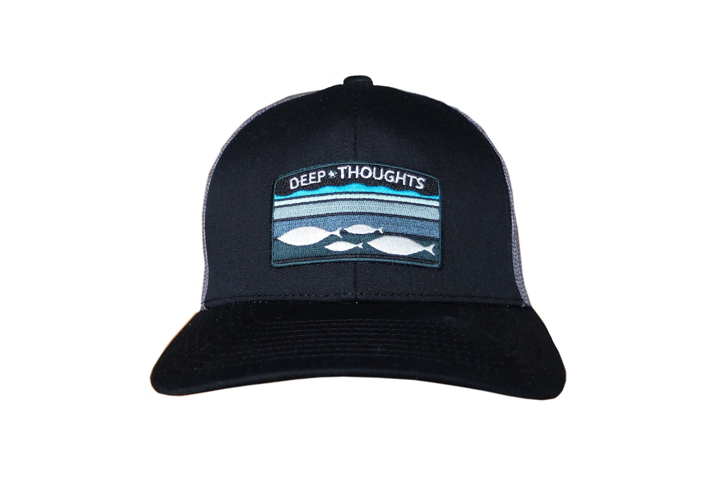 black and charcoal trucker hat with embroidered fish under shaded lines of water patch