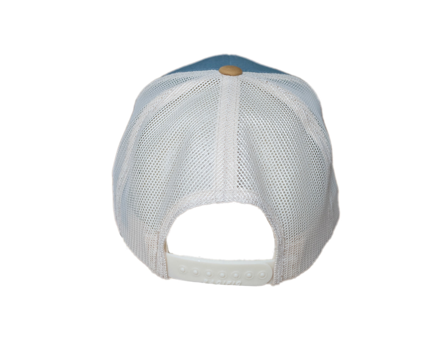 back side view of smoke blue and gold beneath the surface patch trucker hat