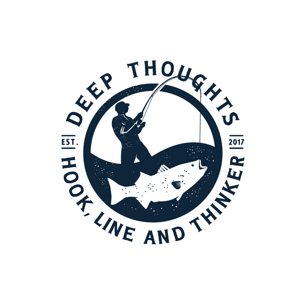 deep thoughts designs fishing apparel brand round navy blue surf fisherman logo with Hook Line and Thinker tagline