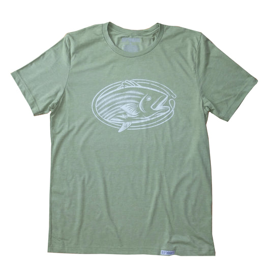 light heather green soft cotton blend tee with white vintage style oval-shaped striped bass fishing graphic