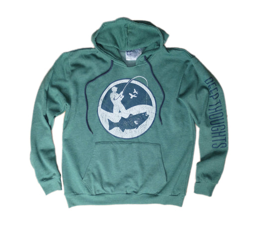heather green hoodie with large round navy blue and white surf fisherman logo