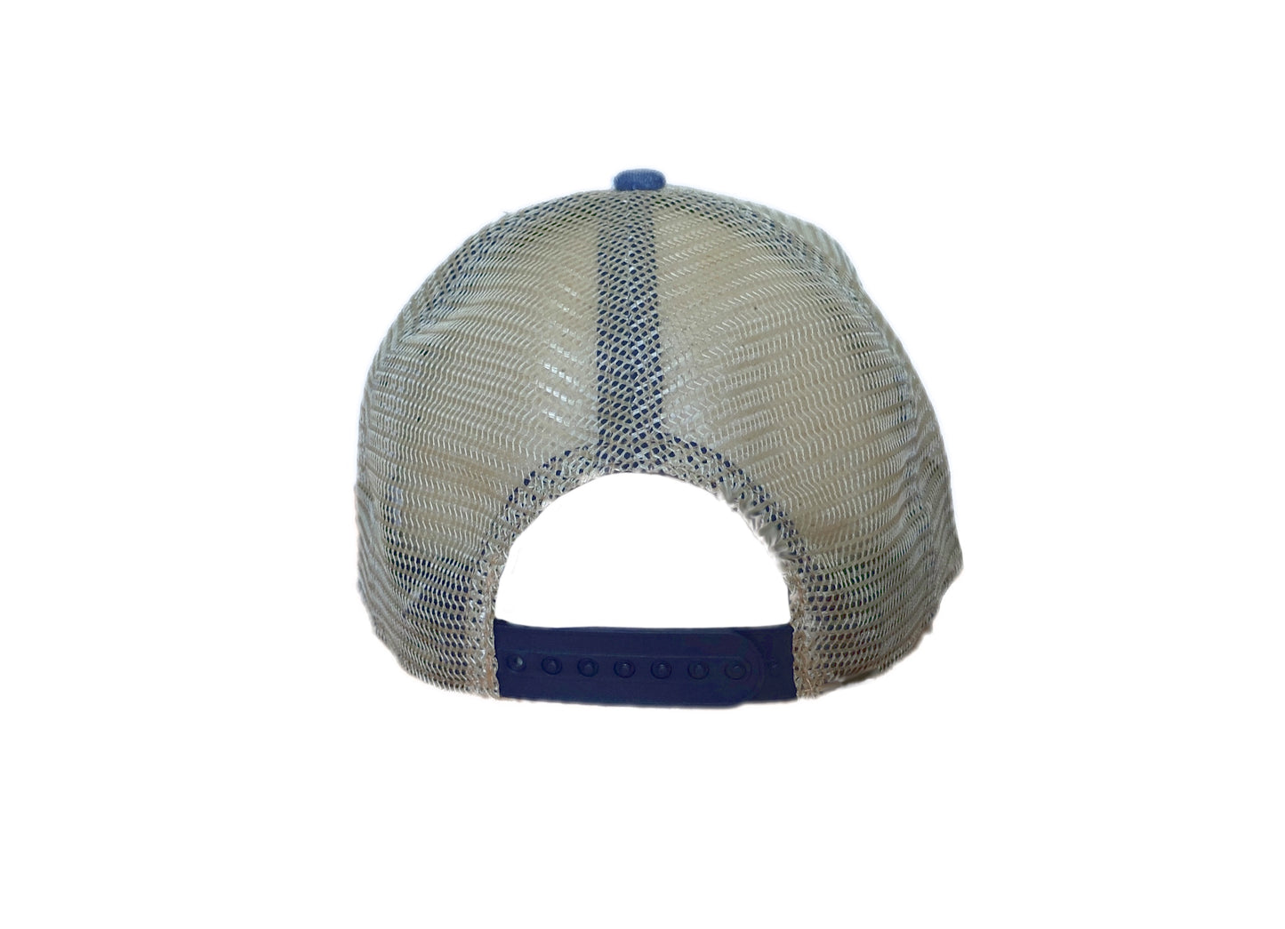 back side view of Deep Thoughts Designs blue green and sand trucker cap