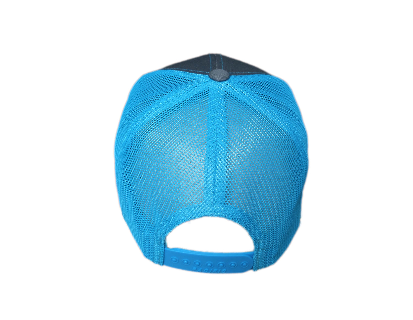 back side view of Deep Thoughts grey and neon blue trucker cap with aqua blue and orange fish patch