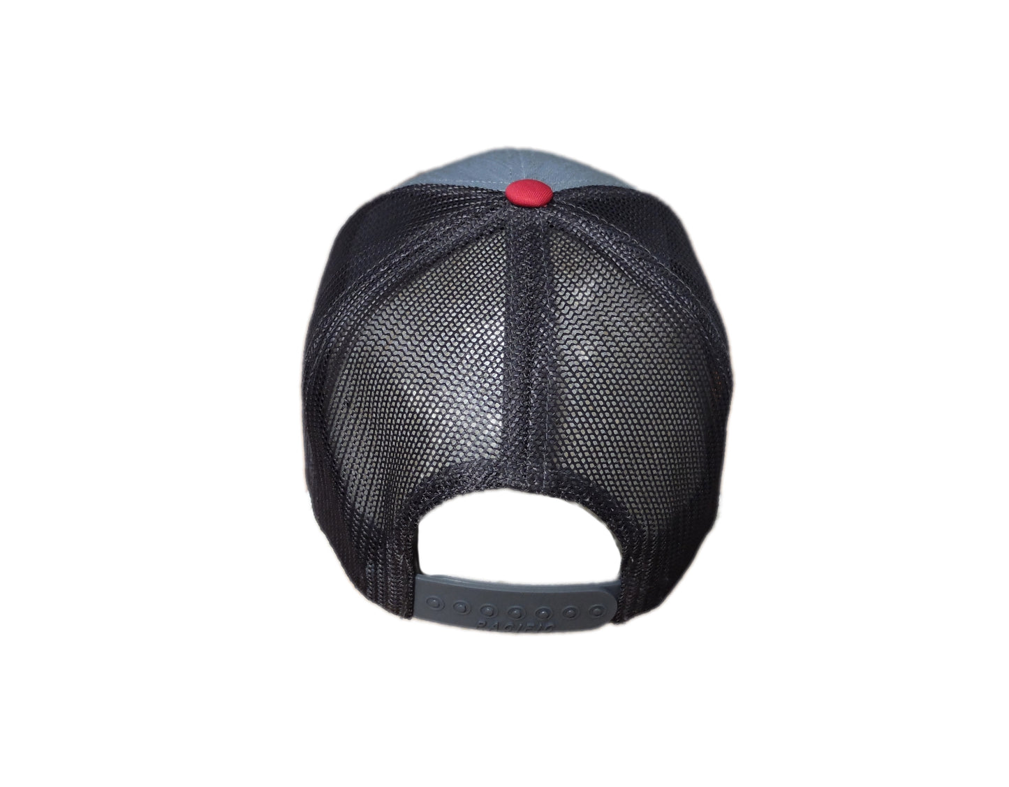back side view of Deep Thoughts grey red and charcoal trucker cap with red white and blue fish patch