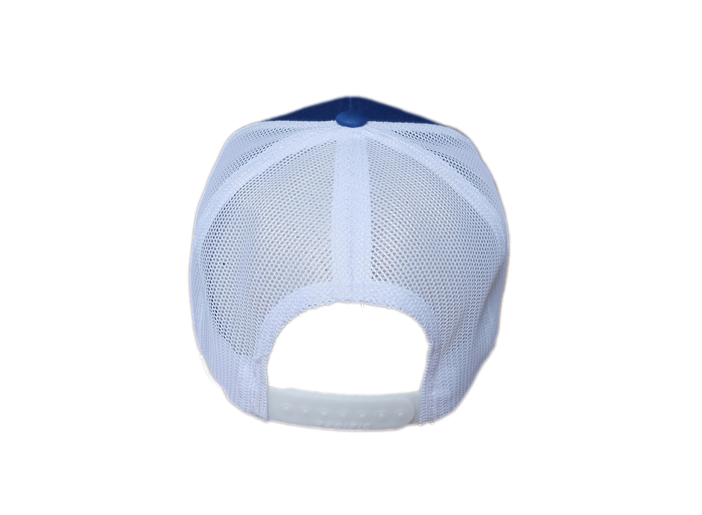 back side view of royal blue and white Deep Thoughts Designs patch trucker cap
