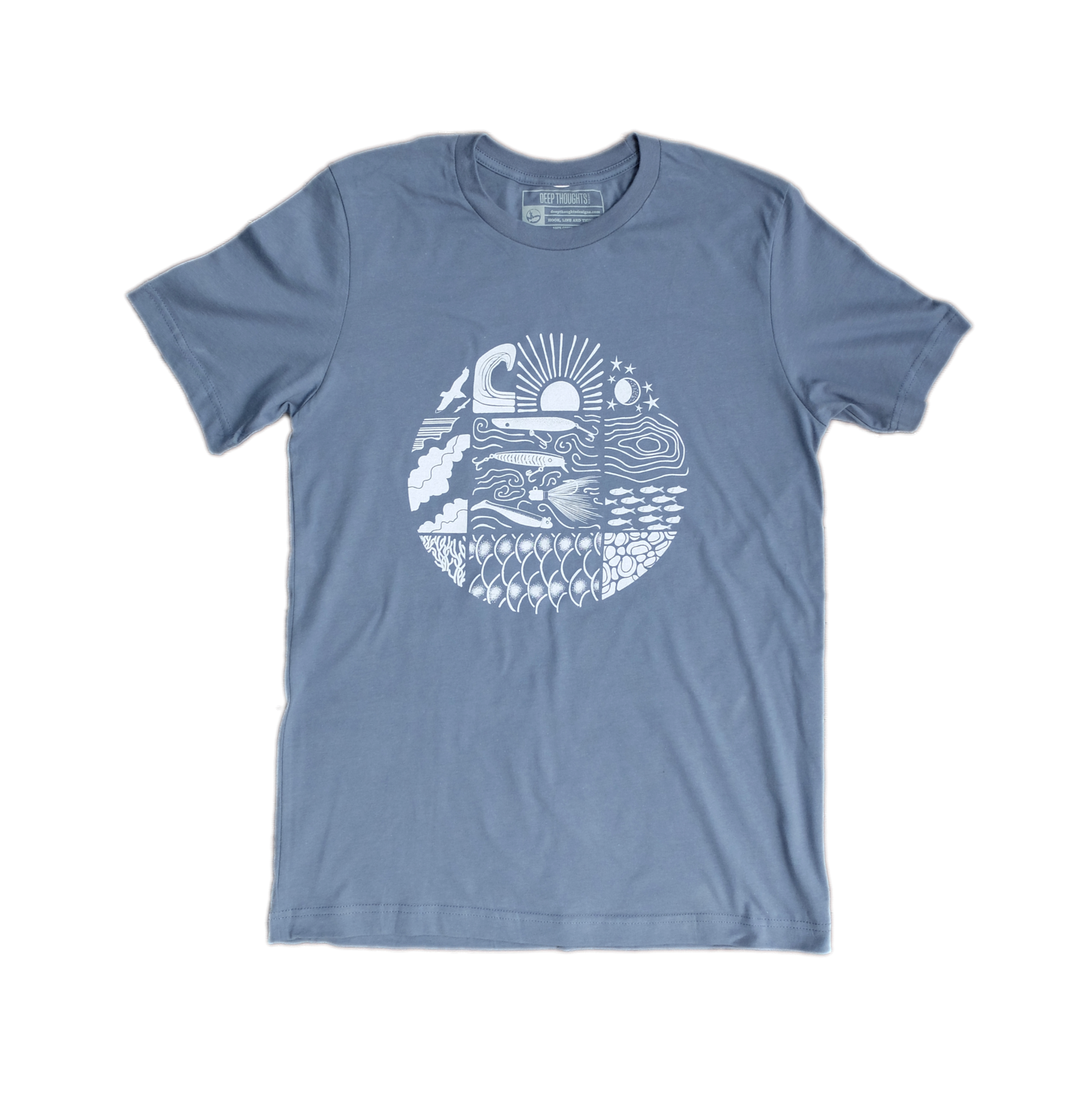slate blue cotton t-shirt with white circular design showing multiple boating and fishing sights