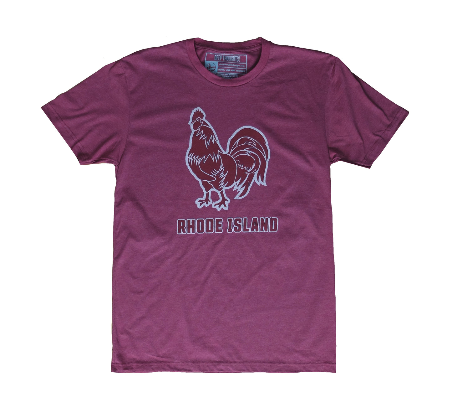 dark heather red t-shirt with Rhode Island Red chicken hen rooster graphic