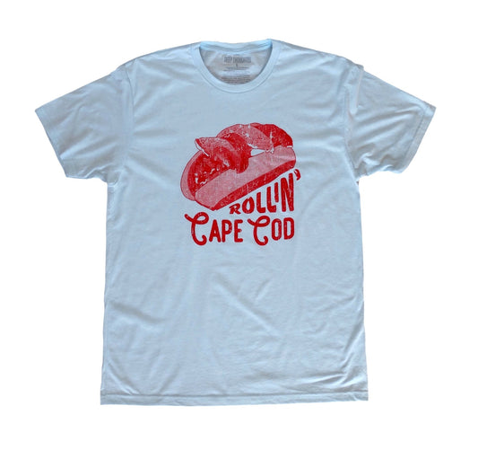 Heather ice blue t-shirt with red lobster roll graphic and Rollin' Cape Cod text