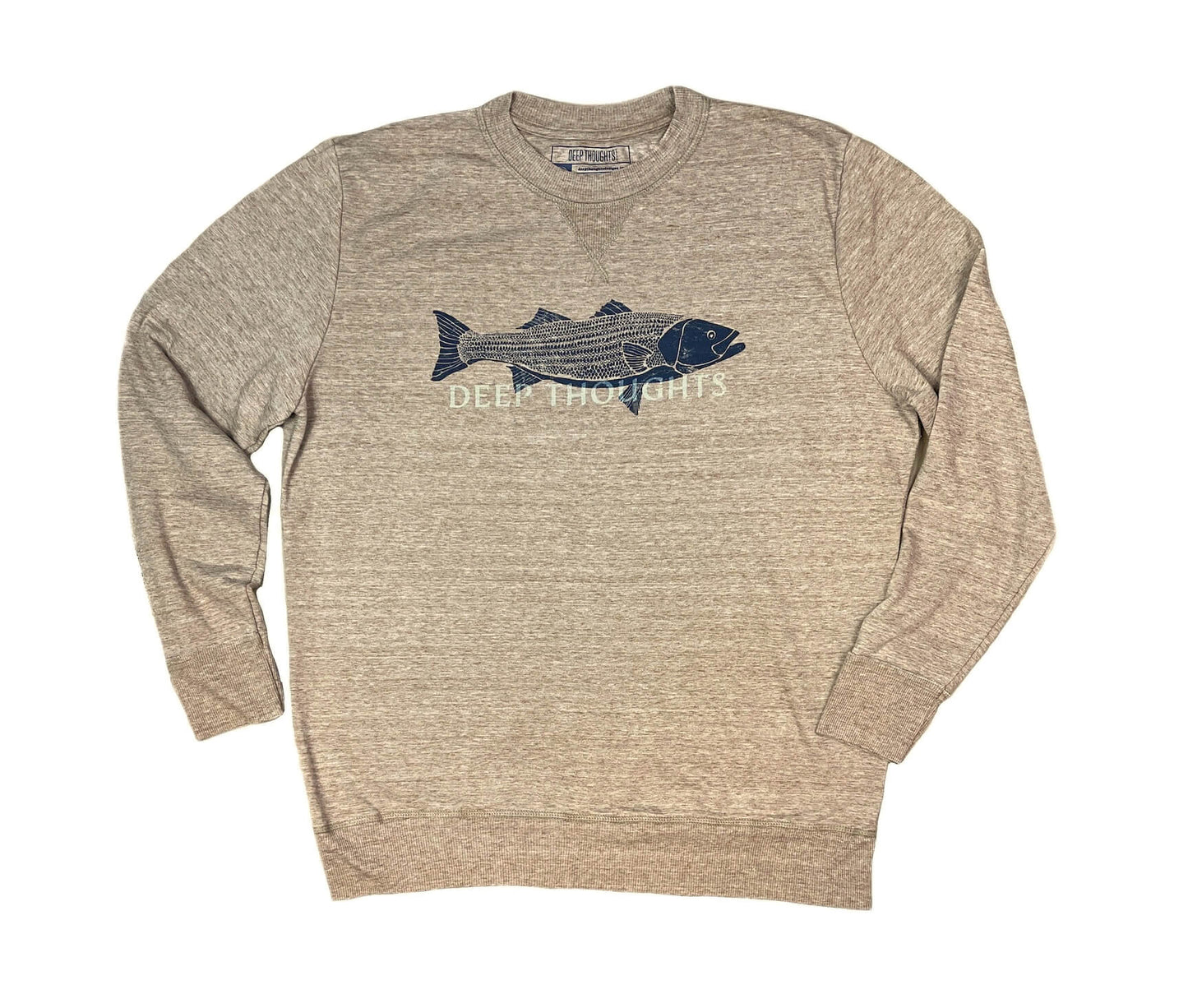 Heather brown soft crewneck sweatshirt with navy blue striped bass illustration and faded DEEP THOUGHTS text