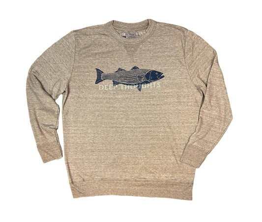 Heather brown soft crewneck sweatshirt with navy blue striped bass illustration and faded DEEP THOUGHTS text