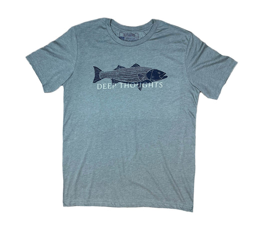 Dark heather Blue-Grey t-shirt with navy blue striped bass illustration and faded DEEP THOUGHTS text