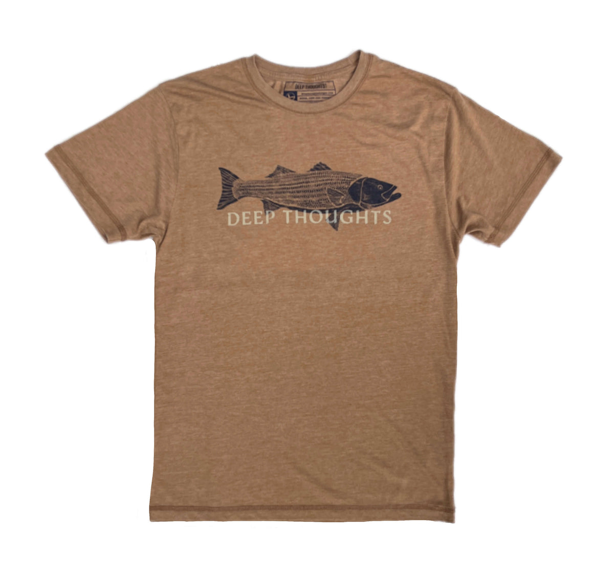 heather mustard brown t-shirt with navy blue striped bass illustration and faded Deep Thoughts text