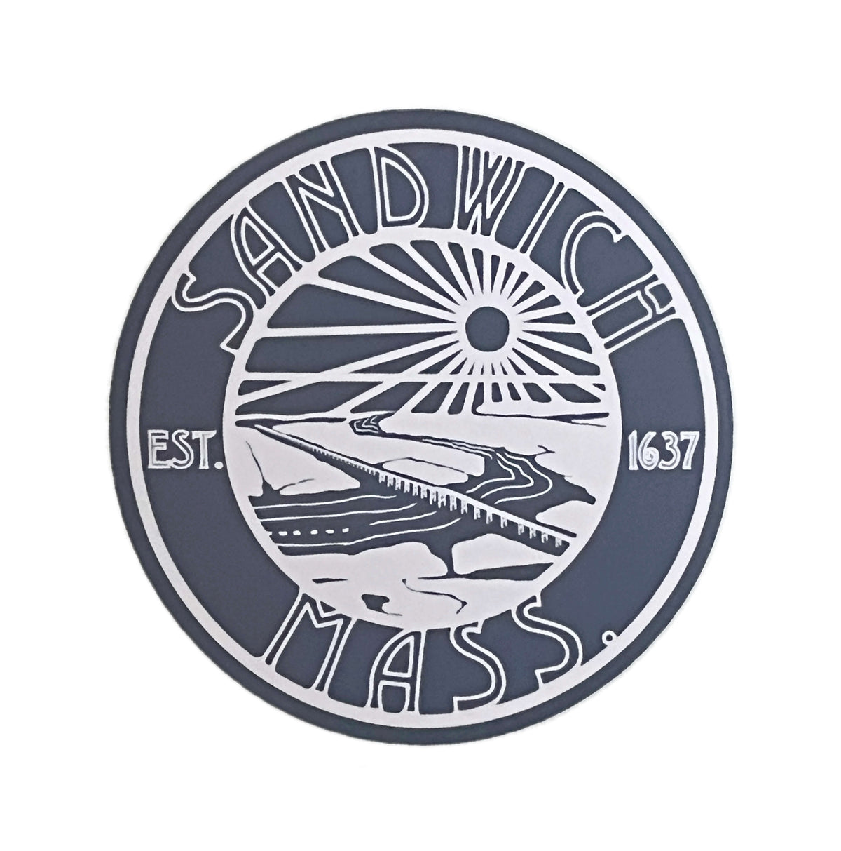 A circular blue and white Vinyl Sticker featuring the text 'SANDWICH MASS' with a stylized Sandy Neck bridge and sun graphic in the center, plus 'EST. 1637' on the sides, shown on a plain white background