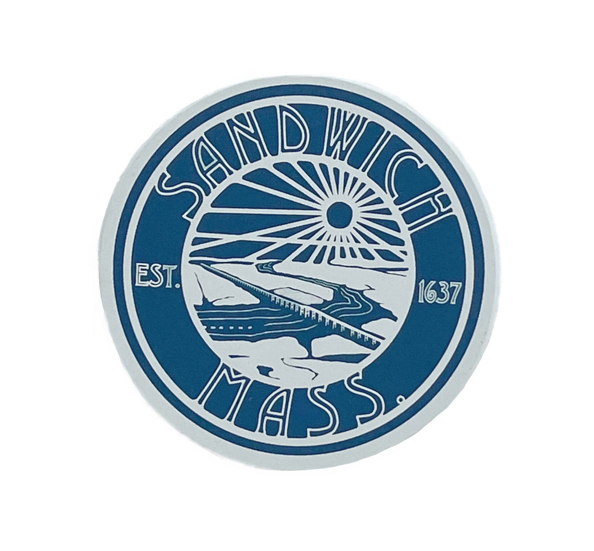 A circular blue and white ceramic drink coaster featuring the text 'SANDWICH MASS' with a stylized boat and sun graphic in the center, plus 'EST. 1637' on the sides, shown on a plain white background