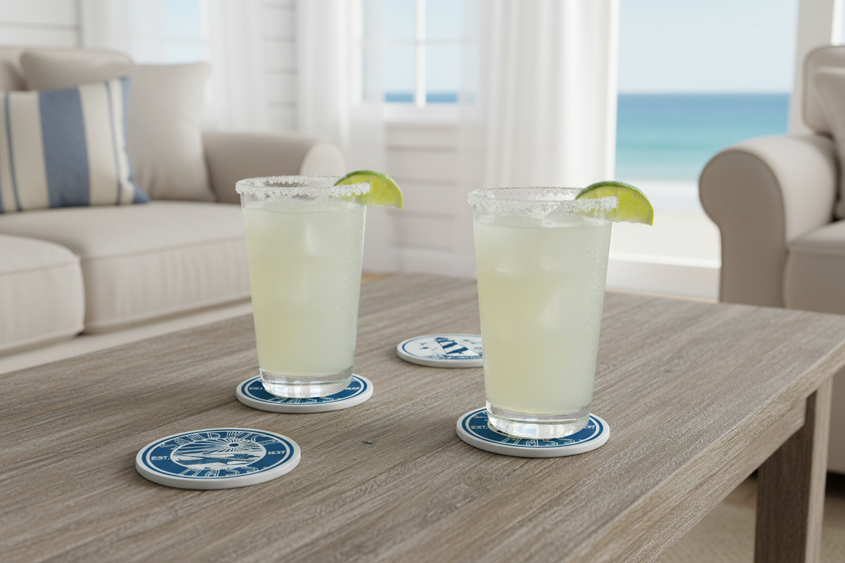 Sandwich MA ceramic drink coasters on a beach house coffee table