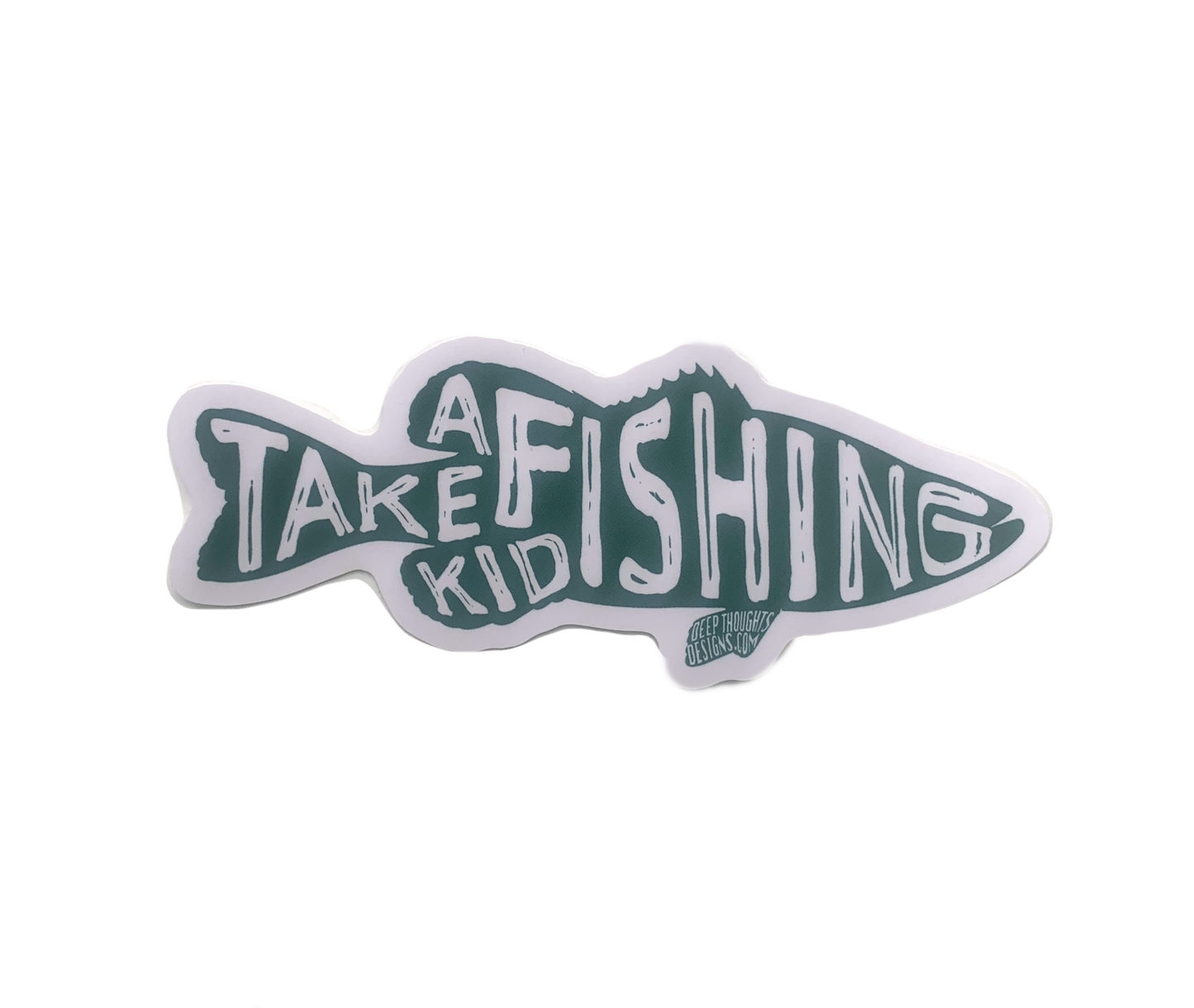 Four inch green largemouth bass sticker with inner Take a Kid Fishing text