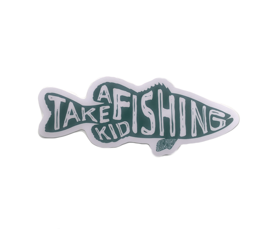 Four inch green largemouth bass sticker with inner Take a Kid Fishing text