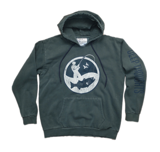 washed blue-green hoodie with round white and navy blue surf fisherman logo