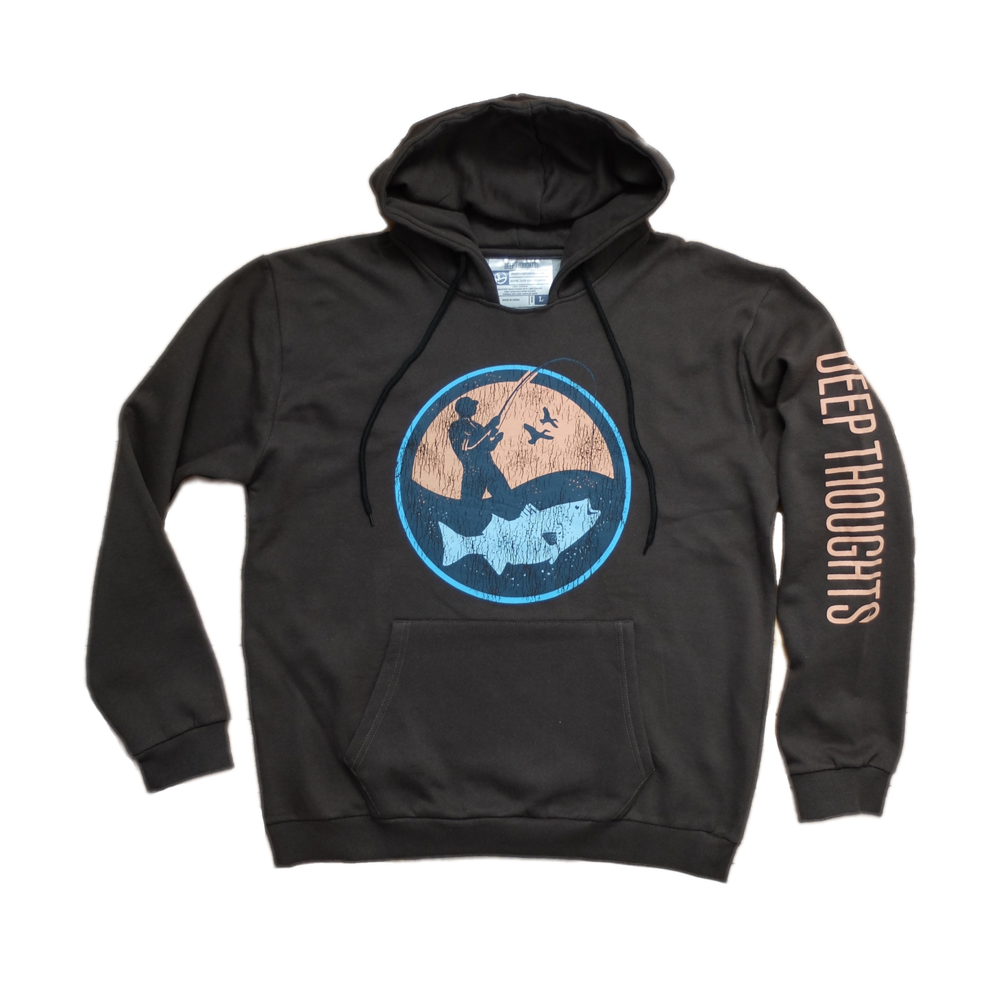 dark grey hoodie with round blue and orange surf fisherman logo