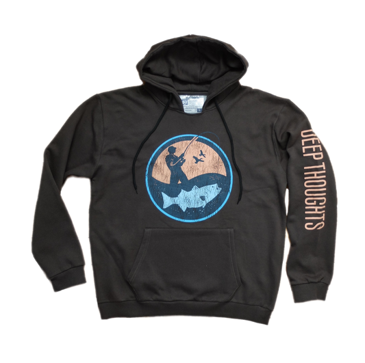 dark grey hoodie with round blue and orange surf fisherman logo