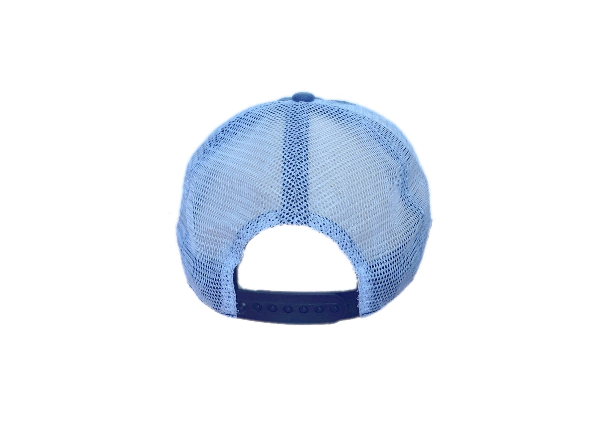 Navy blue and white Angler trucker cap back side view
