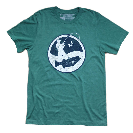 heather green t-shirt with round white and navy blue surf fisherman logo