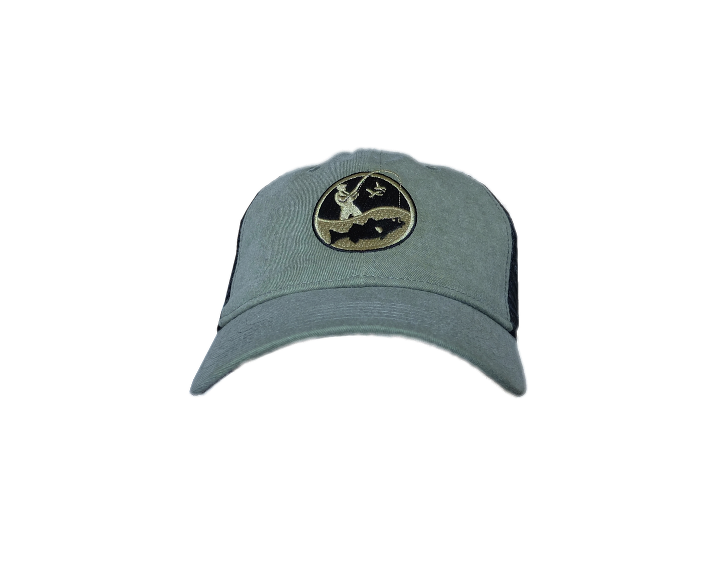front view of vintage army green and black trucker hat with round black and olive embroidered fisherman logo