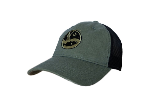 army green with black mesh unstructured trucker cap with round black and olive embroidered fisherman logo