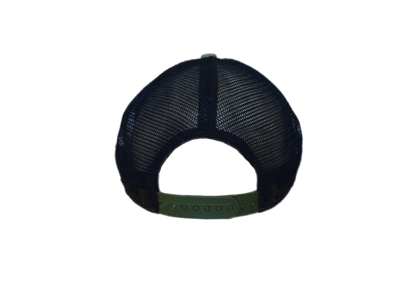 back view of army green and black Angler fisherman logo trucker hat
