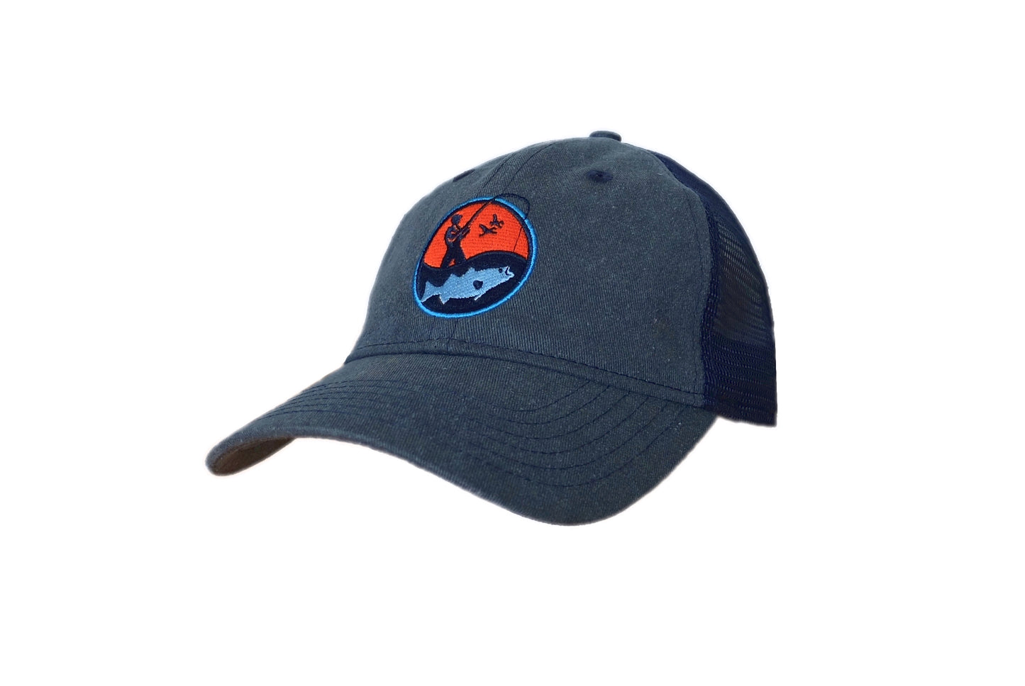 Dark grey and navy unstructured trucker cap with round orange and blue embroidered fisherman logo