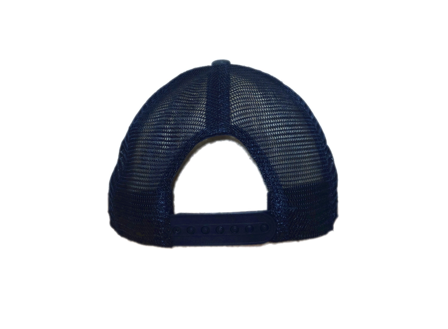 back view of grey and navy blue fisherman logo trucker hat