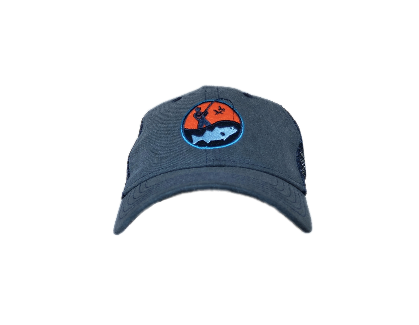 front view of dark grey and navy blue trucker cap with round embroidered orange and blue fisherman logo