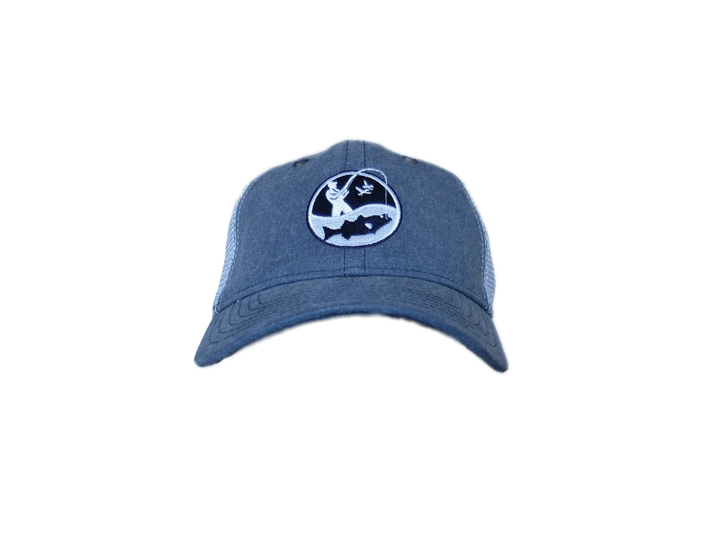 front view of navy and white Angler trucker cap with round navy blue and white embroidered fisherman logo