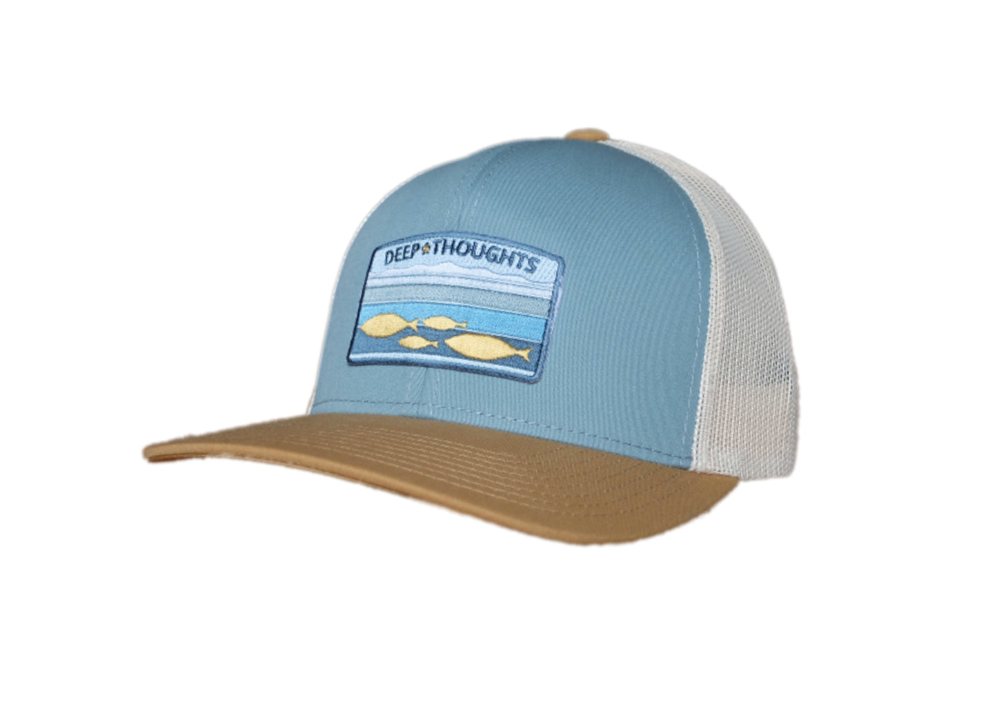 smoke blue and gold trucker cap with embroidered patch showing fish beneath shaded lines of water