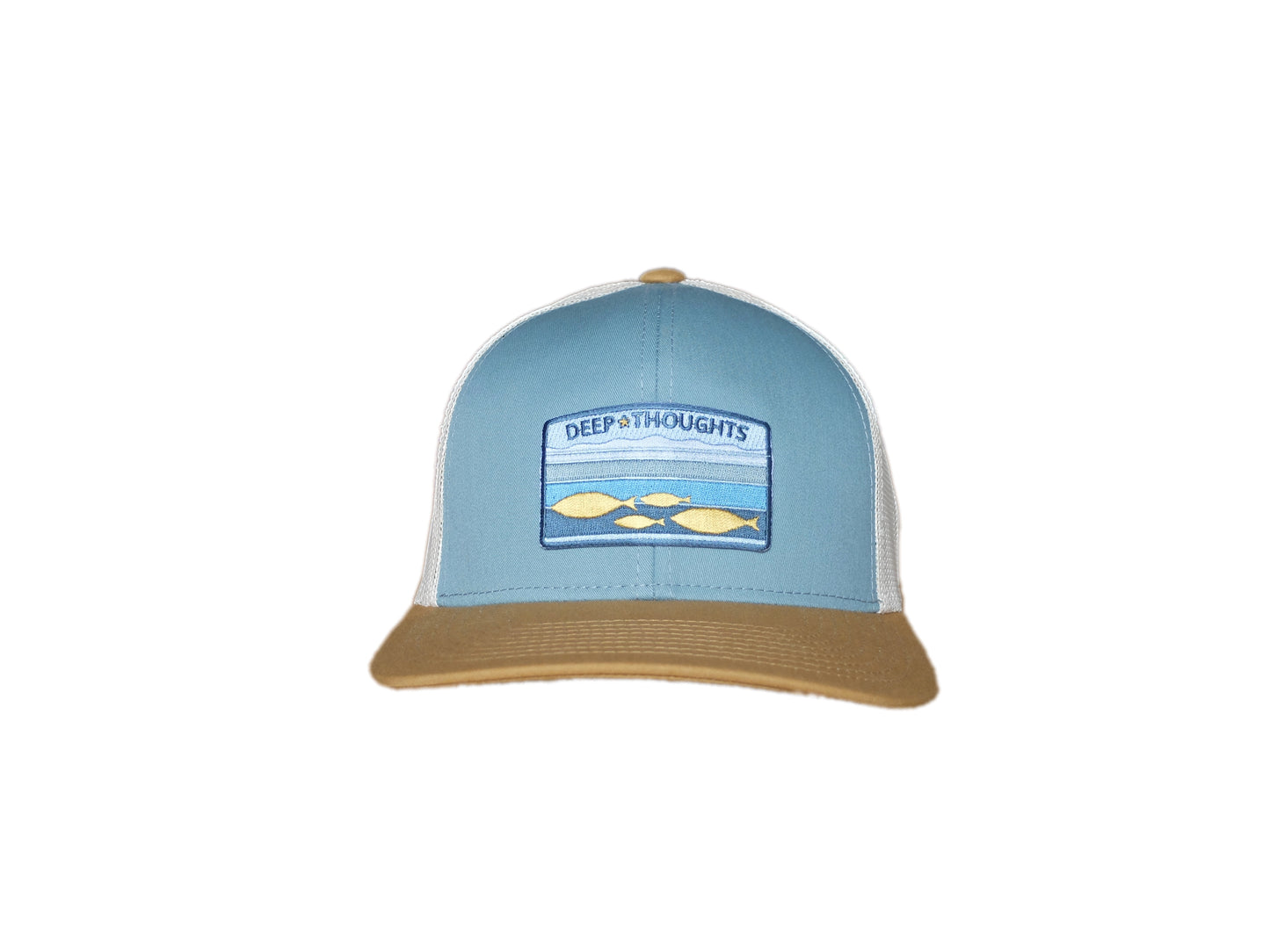 front view of smoke blue and gold trucker cap with embroidered patch showing fish beneath shaded lines of water
