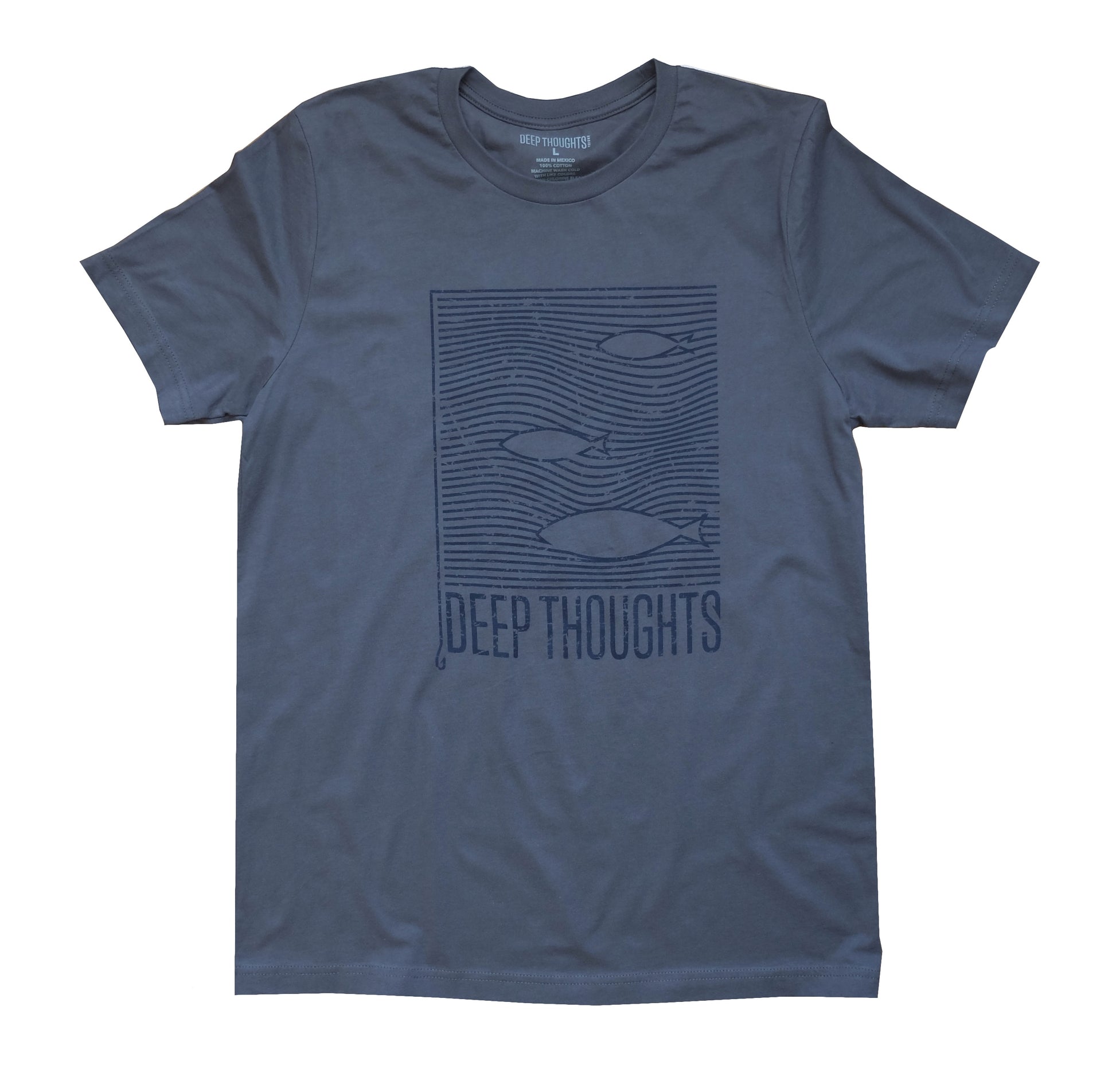  asphalt grey cotton t-shirt with navy blue print showing fish swimming among wavy line ocean currents
