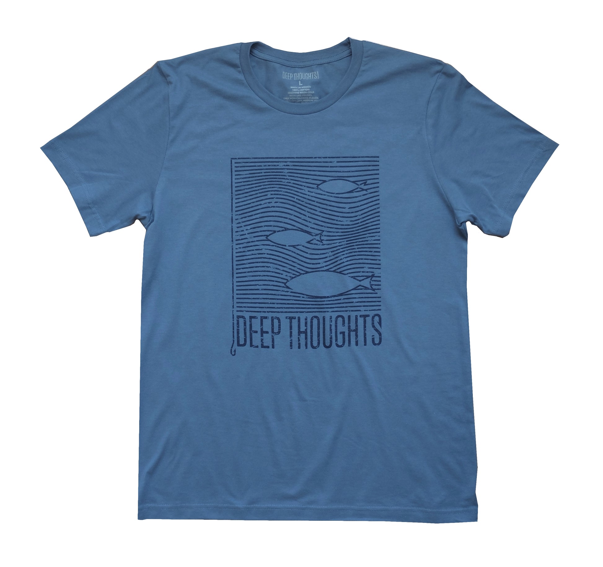 steel blue cotton t-shirt with navy blue print showing fish swimming among lined ocean currents