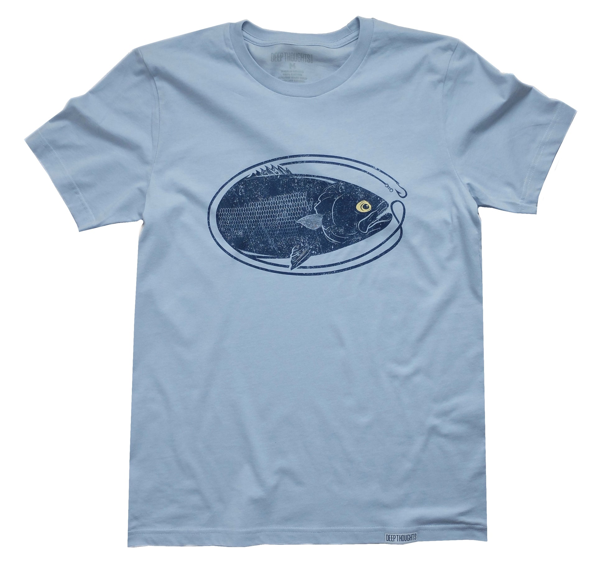 light blue cotton t-shirt with dark blue bluefish fishing graphic