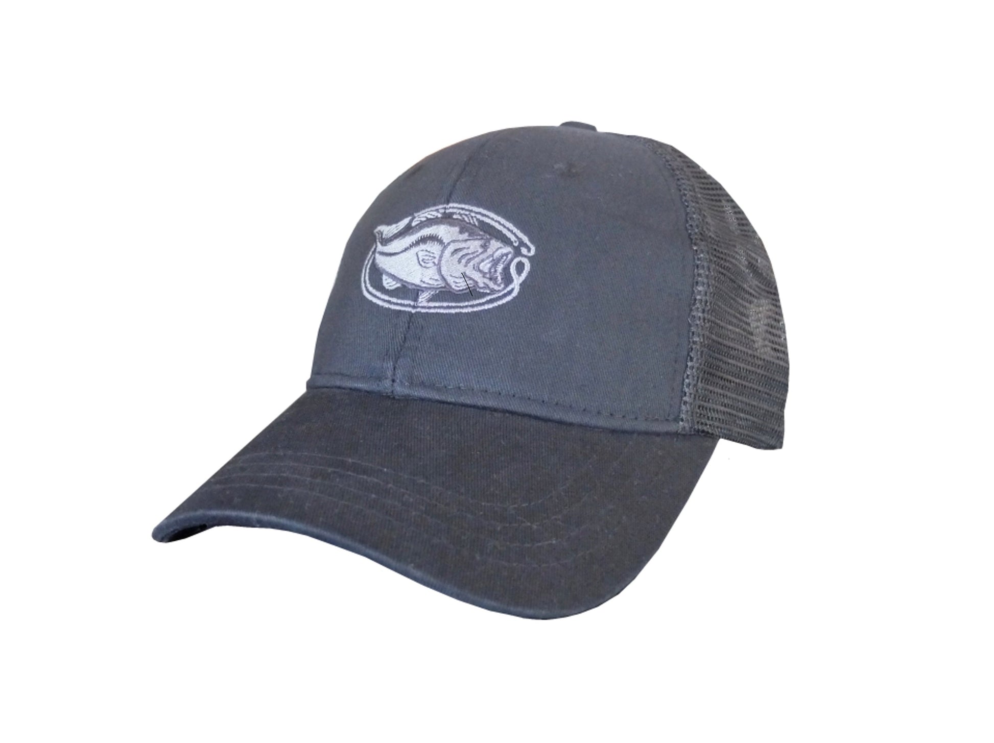 washed black trucker cap with pewter grey and black embroidered largemouth bass decoration