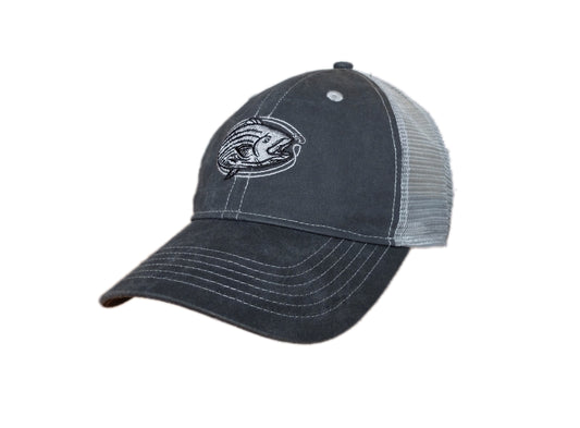 charcoal and grey vintage wash trucker cap with black and silver oval-shaped embroidered striped bass