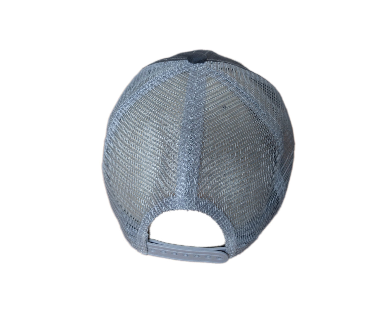 back side view of charcoal and grey trucker hat with embroidered striped bass